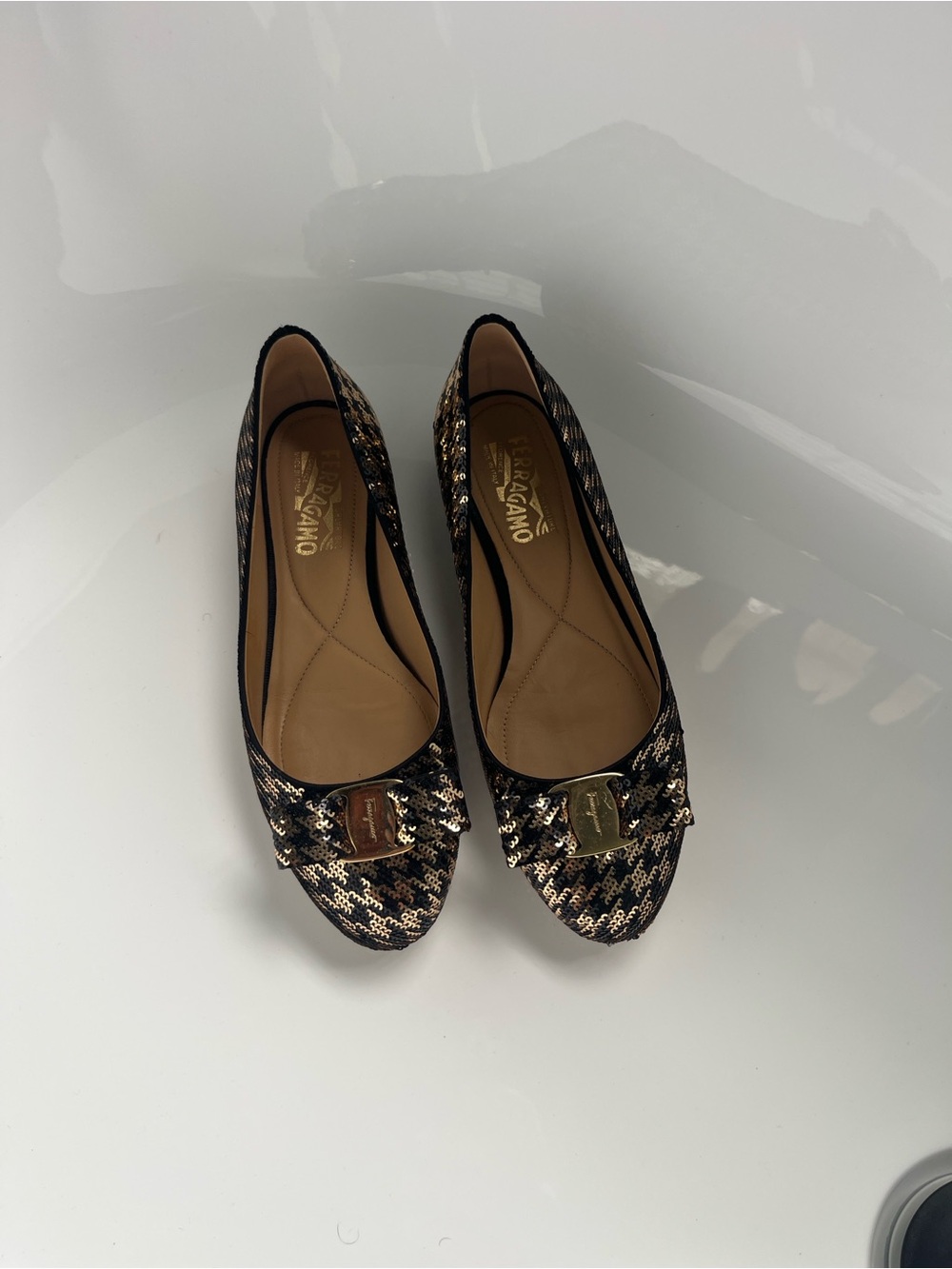 Salvatore Ferragamo Black and Gold Sequined Flats with Signature Bow